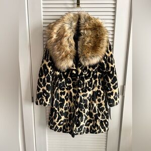 Leopard Print Faux Fur Coat with Fur Collar